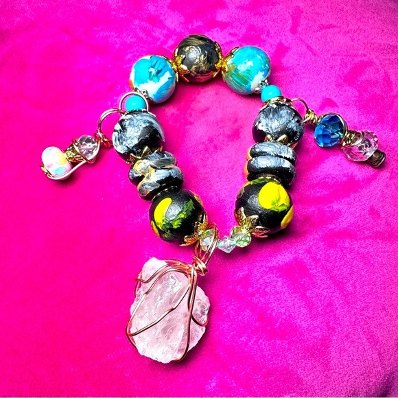 Handmade Charm Bracelet with Hand-Painted Beads & Wire-Wrapped Accents 6-7 3130 - Picture 4 of 8